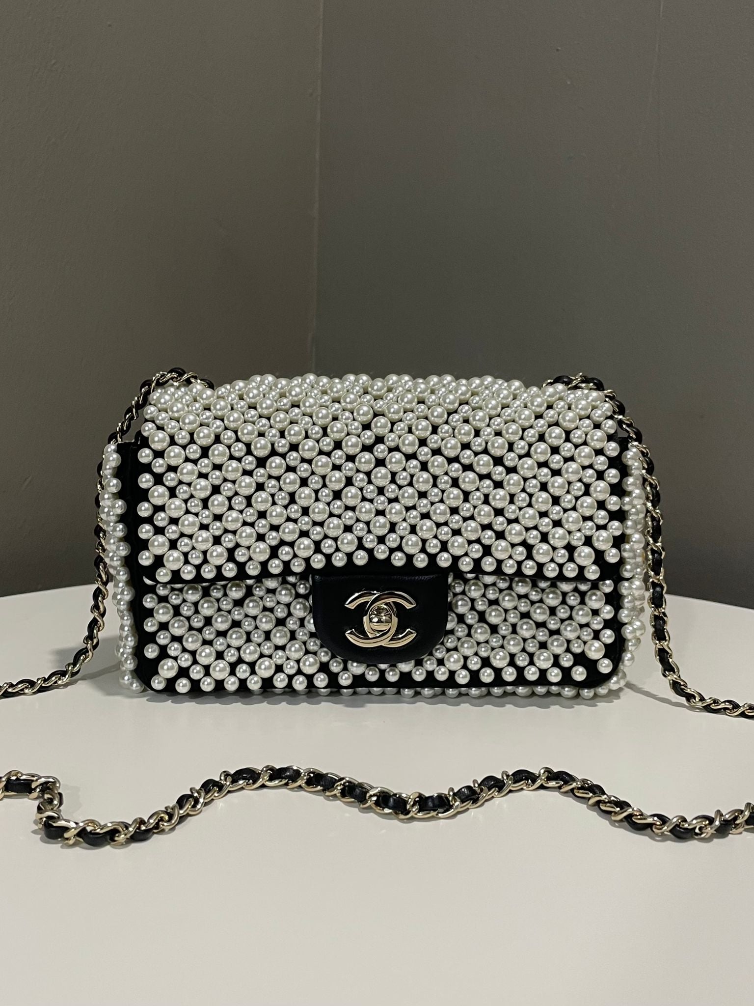 Chanel 19S Pearl Mini Flap Bag Black Satin / Ivory Glass Pearl