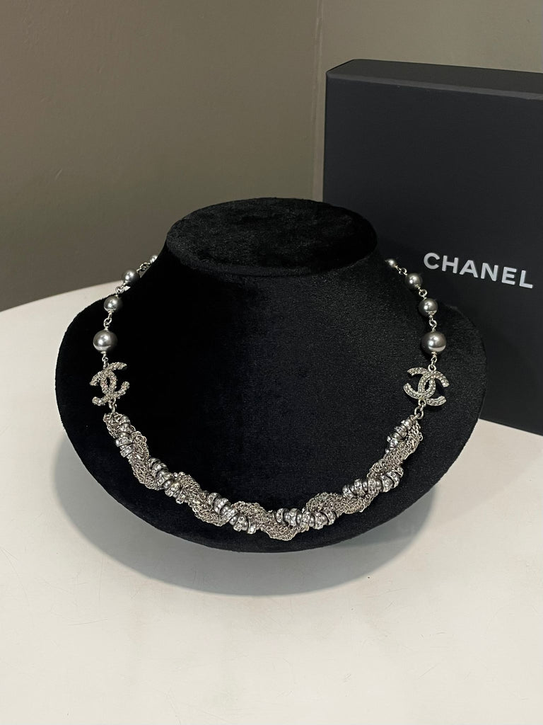 Chanel 20V Cc Necklace Silver Grey Pearl Crystal