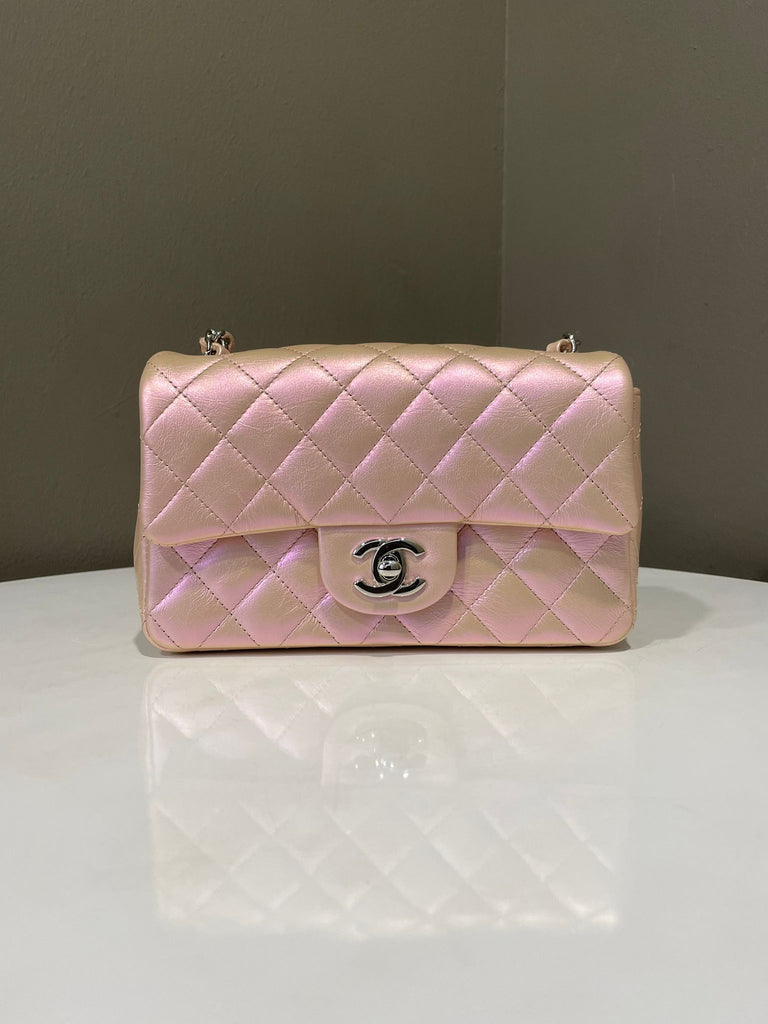Chanel 21K Classic Quilted Mini Rectangular Pearly Pink Iridescent 