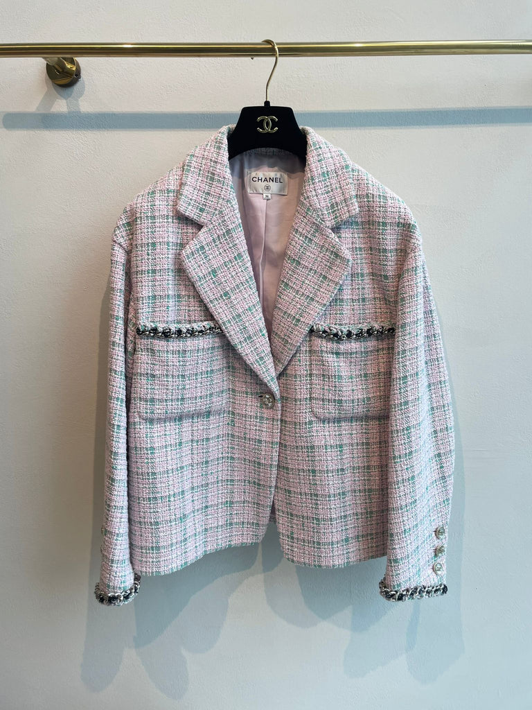 Chanel 21S Cc Tweed Jacket Light Pink / Mint