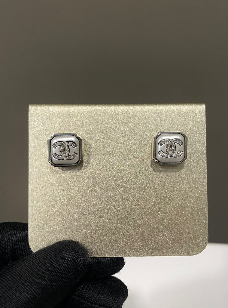 Chanel 22C CC Square Stud Earrings Faux Pearl Crystal Embellished