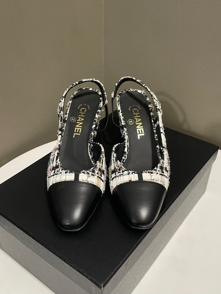 Chanel 22C Slingbacks 
Black / Multi Color 
Tweed / Lambskin 
Size 38C