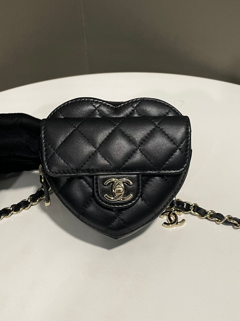 Chanel 22S CC Heart Chain Belt Black Lambskin