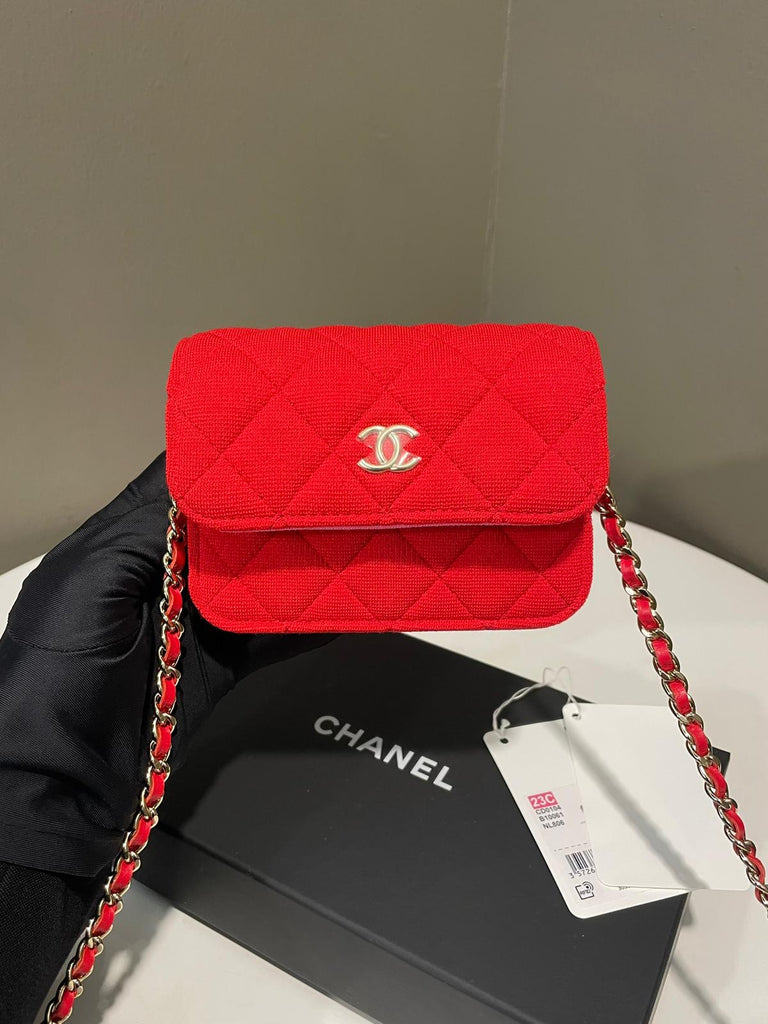 Chanel 23C VIP Clutch On Chain Red Fabric