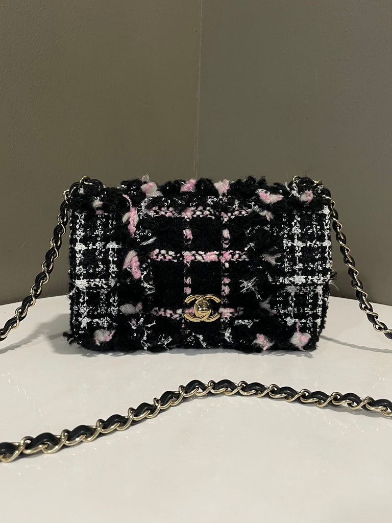 Chanel 23K Classic Sequin Tweed Mini Rectangular Black / White / Pink