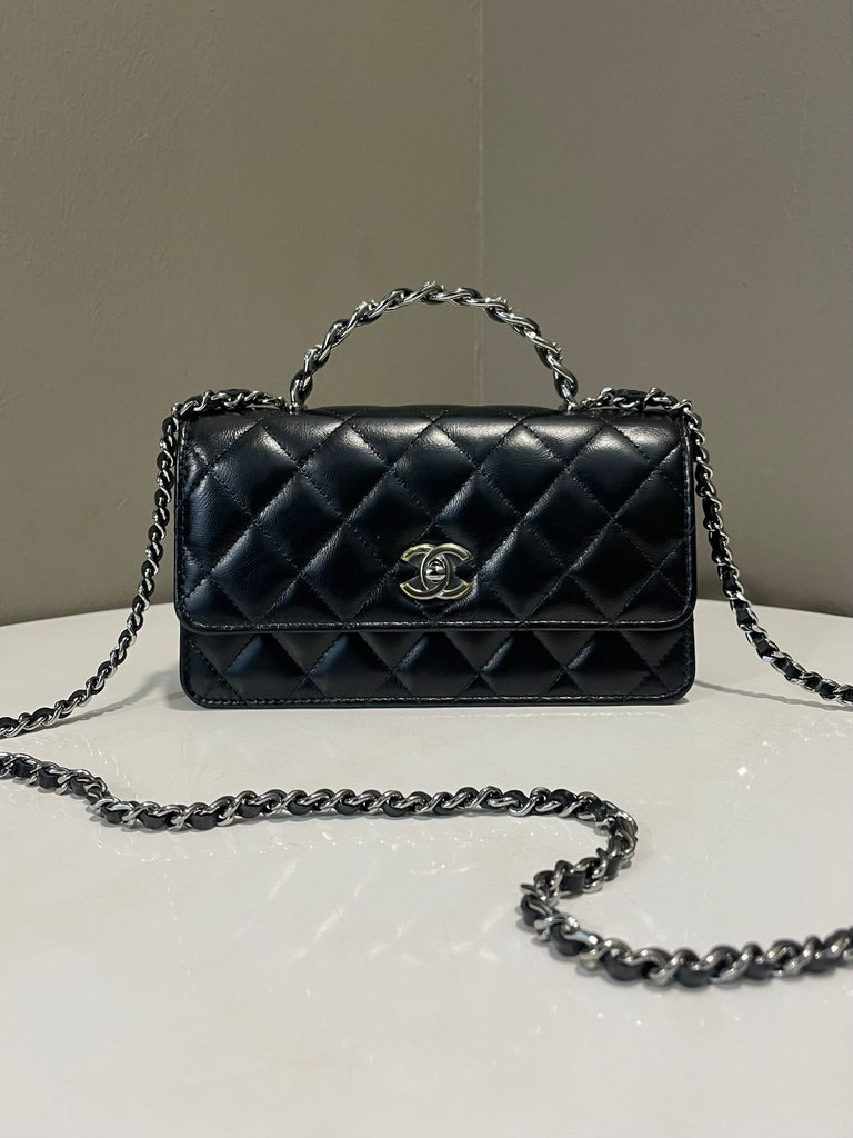 Chanel 23K Top Crystal Handle Clutch On Chain Black Dark