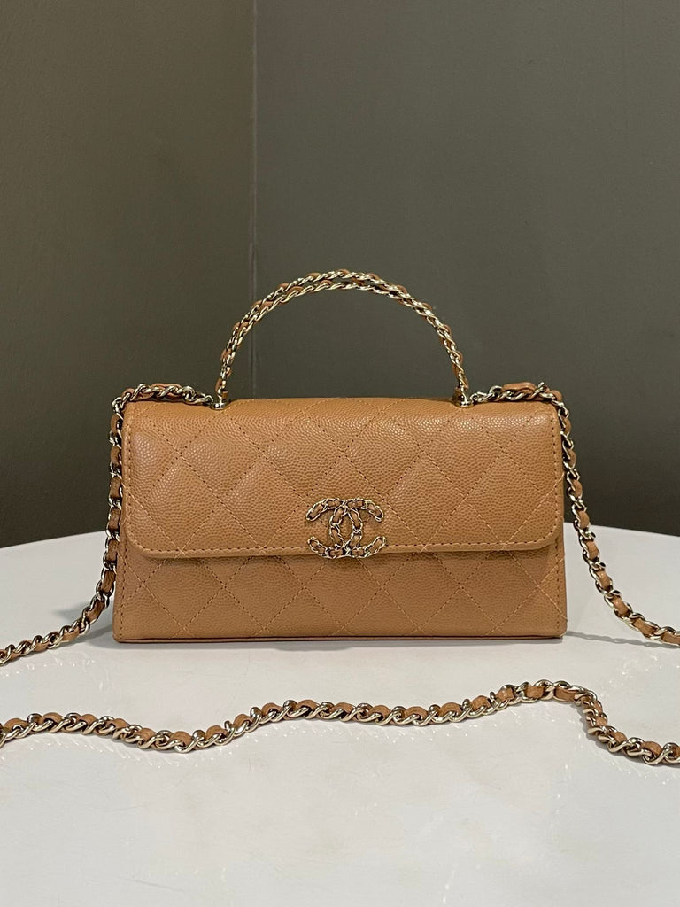 Chanel 23P Quilted Top Handle With Chain Dark Beige Caviar