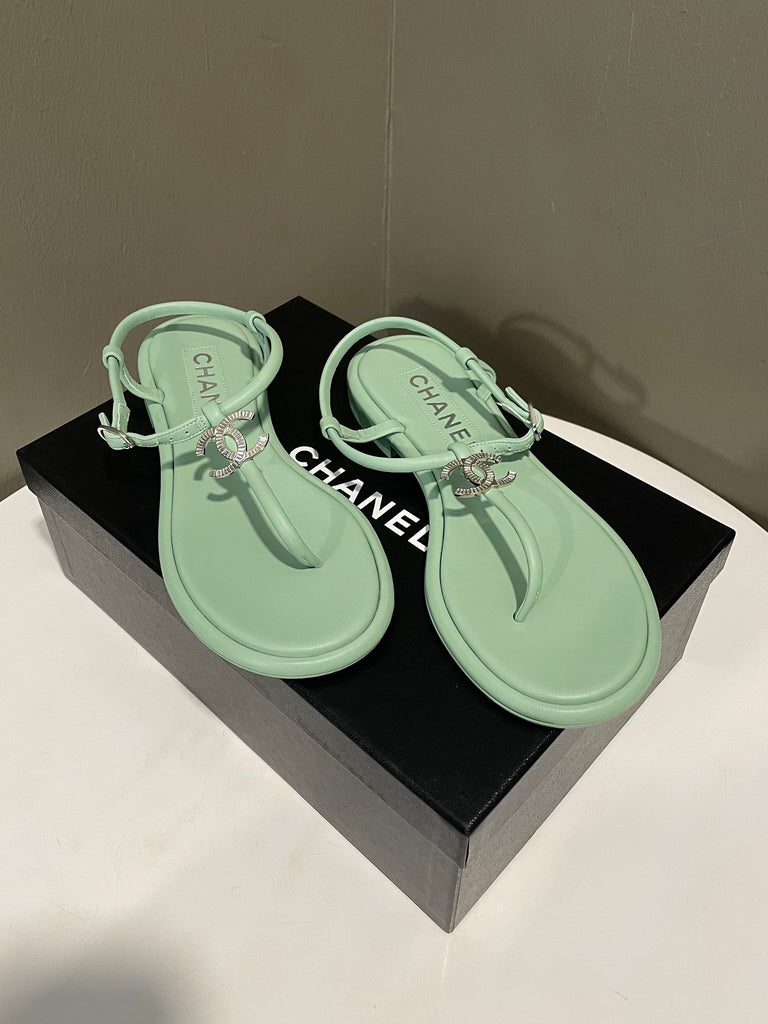 Chanel 23S Crystal CC Logo Thong Sandal Mint Green Size 38C