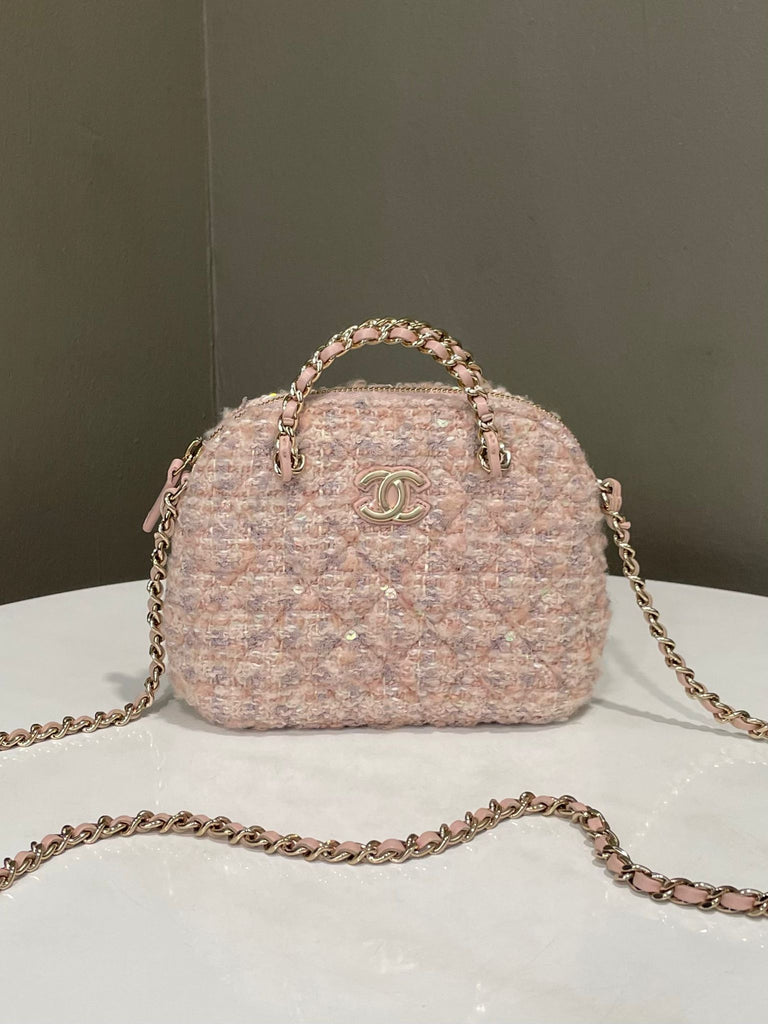 Chanel 24B Cc Quilted Chain Top Handle Pink Tweed Sequin