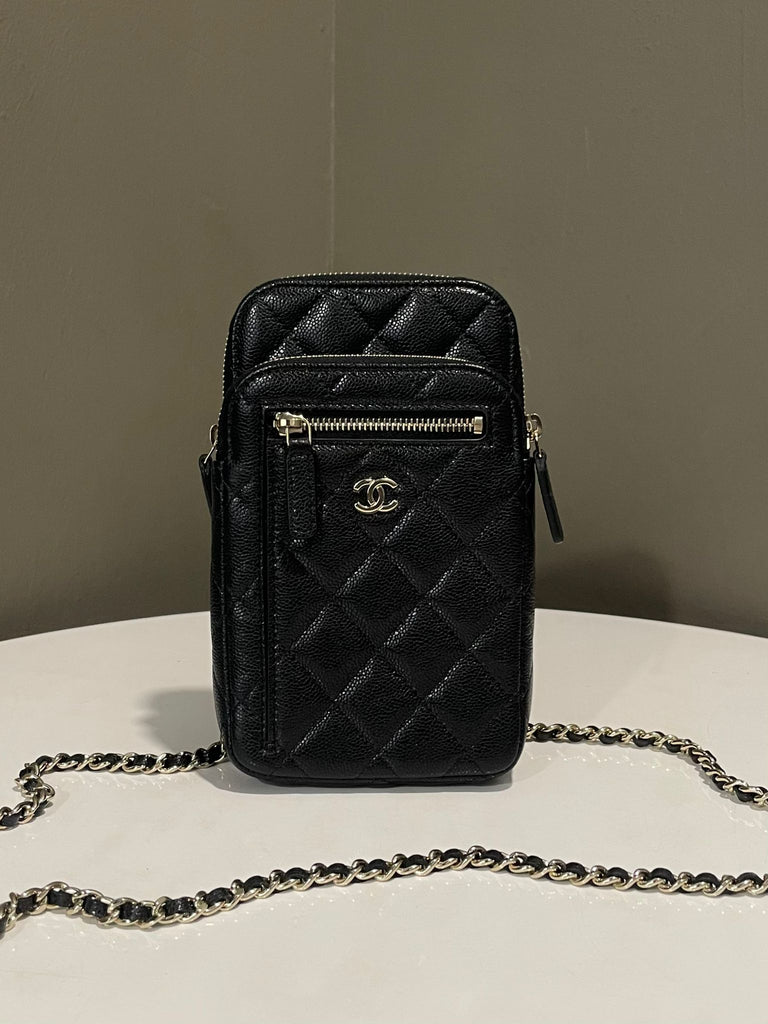 Chanel 24C Cc Quilted Phone Chain Black Caviar