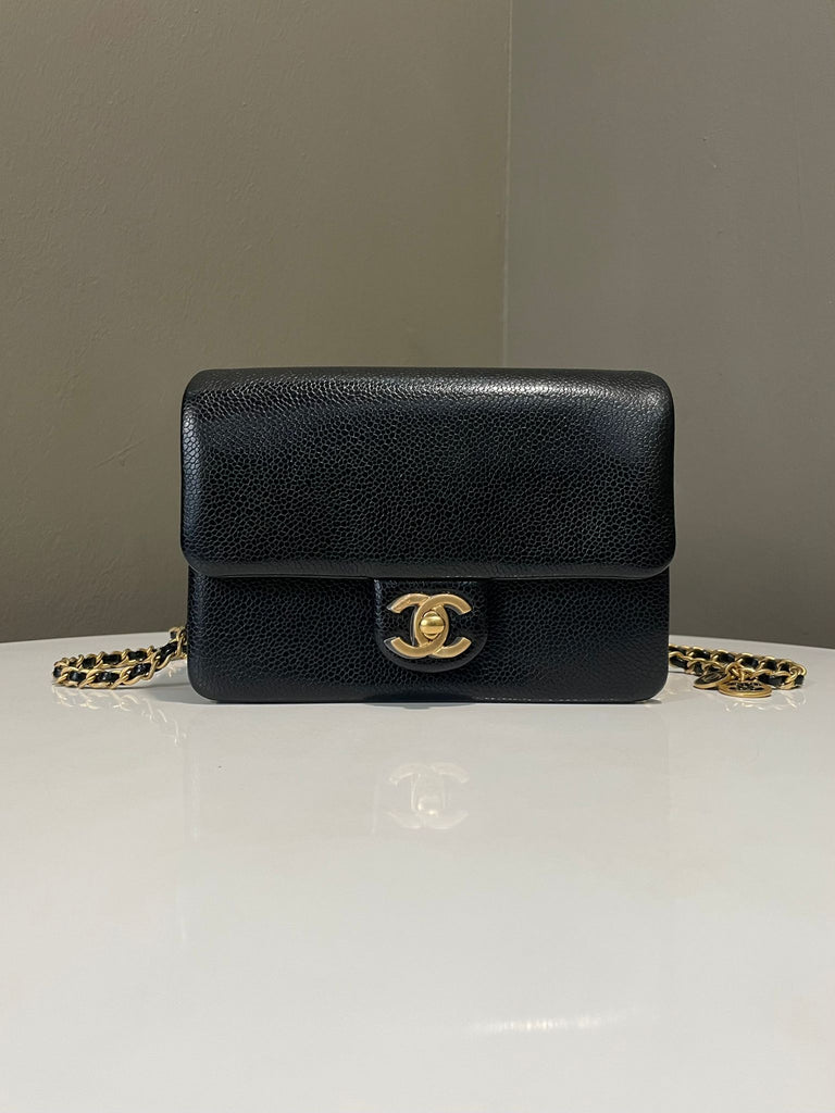 Chanel 24K Mini Flap Bag  Black Grained Caviar Leather