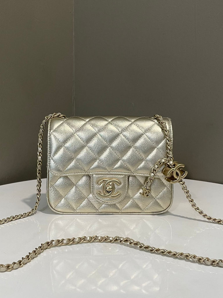 Chanel 25B Cc Logo Chain Mini Flap Bag Gold Champagne Caviar