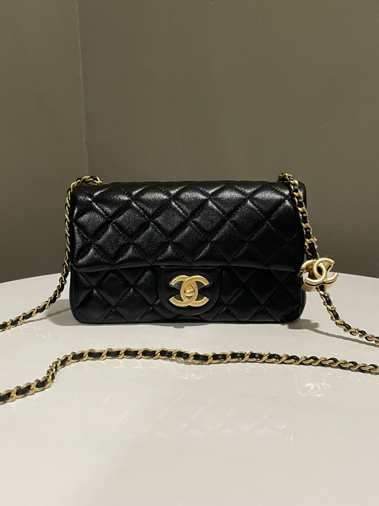 Chanel 25B Cc Logo Chain Mini Rectangular Flap Bag Black Glazed