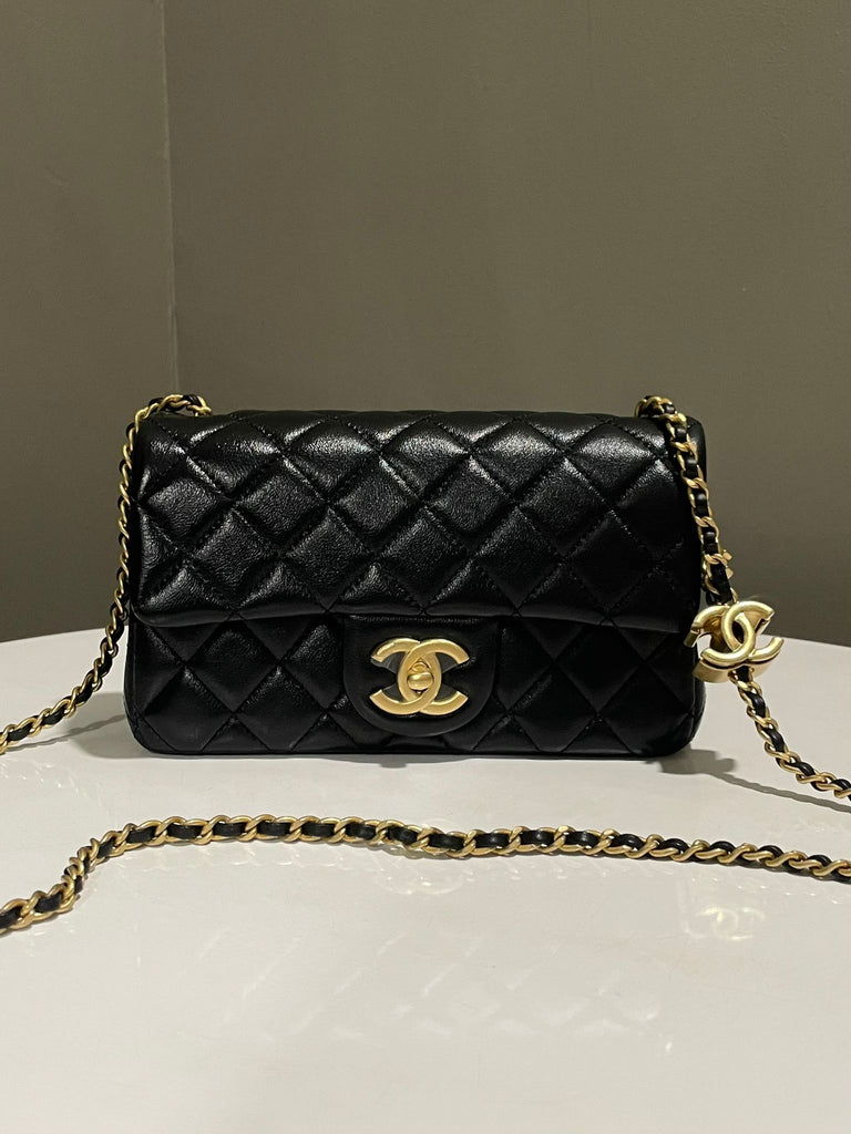 Chanel 25B Cc Logo Chain Mini Rectangular Flap Bag Black Glazed