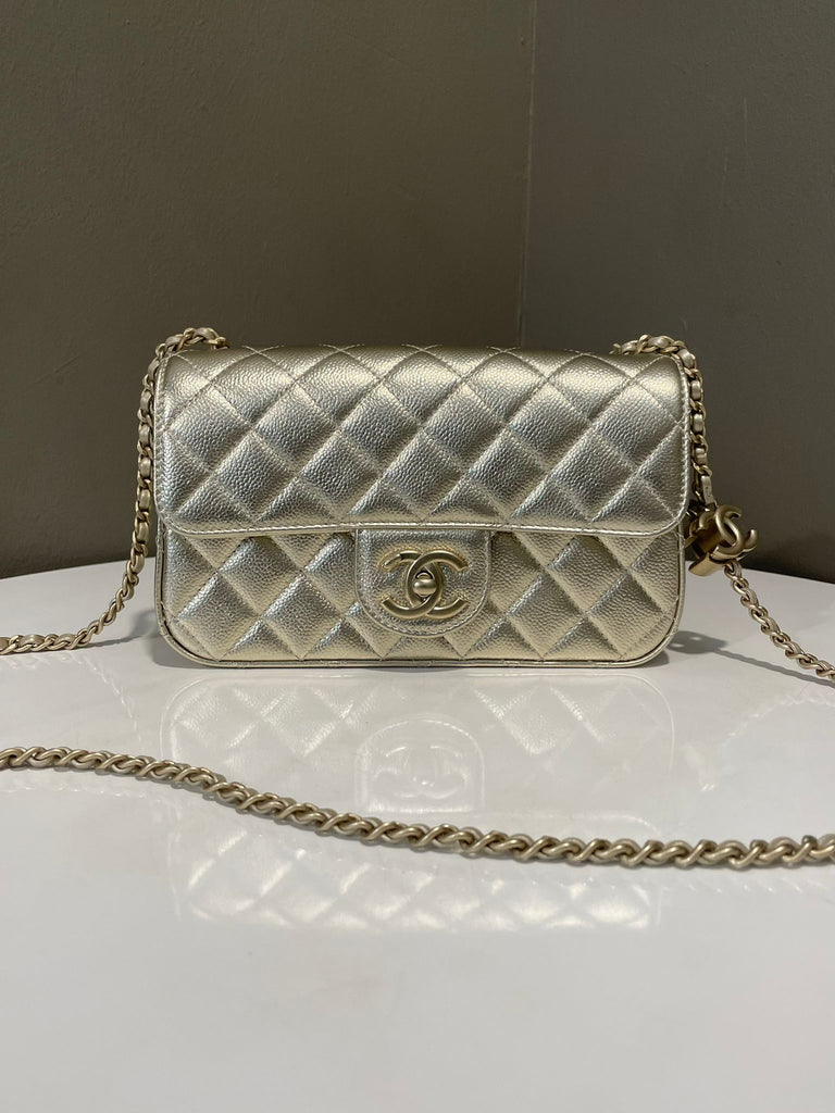 Chanel 25B Cc Logo Chain Mini Rectangular Flap Bag Gold Champagne Caviar
