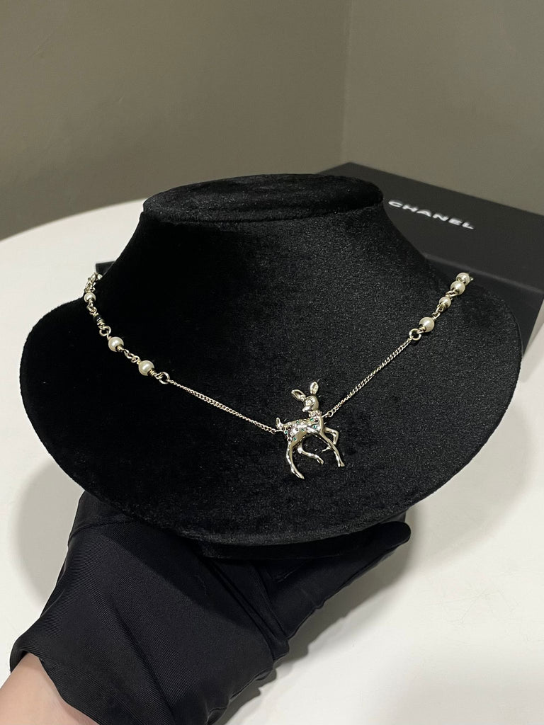 Chanel 26C VIP Deer Pendant Long Necklace Pearl / Rhinestone