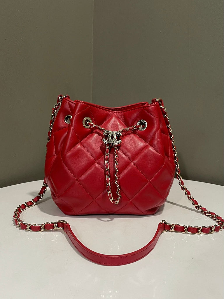 Chanel CC Dweller Drawstring Bucket Bag 
Red Lambskin