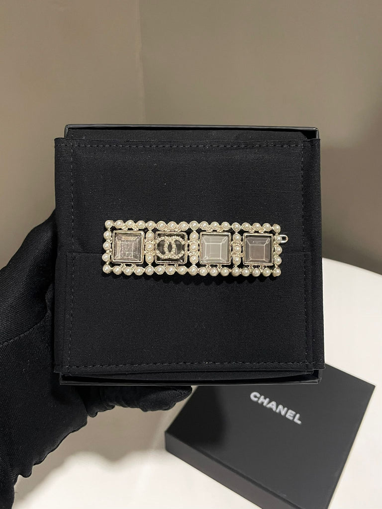 Chanel CC Hair Clip Barrette Pearl Grey Square Resin
