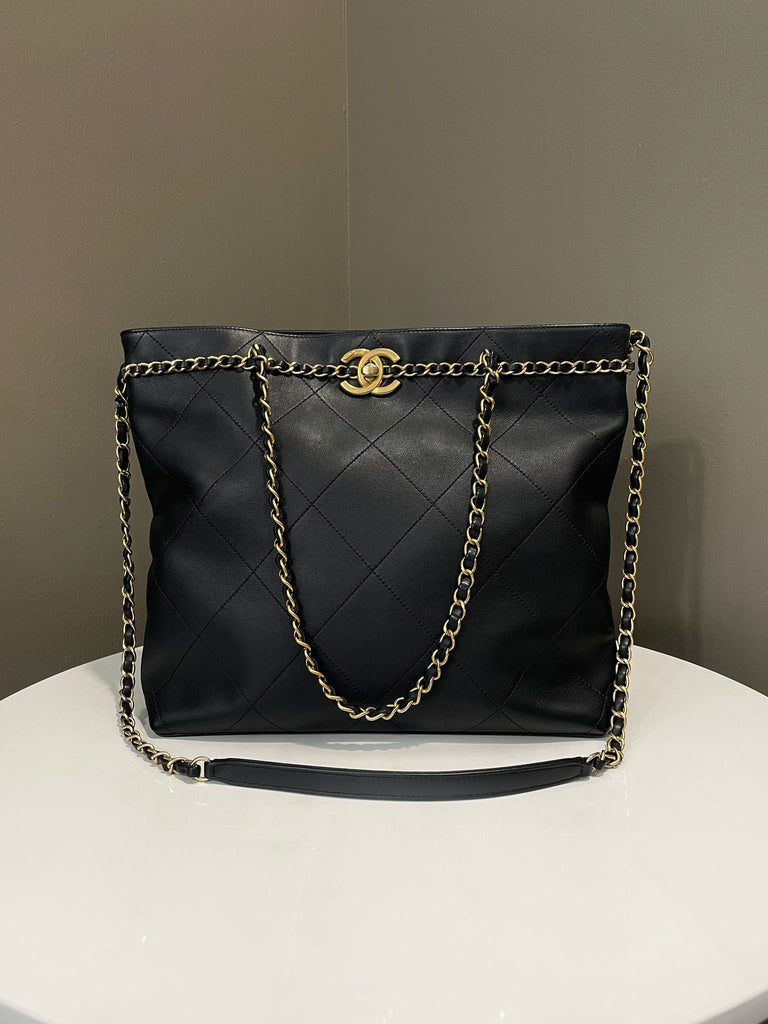 Chanel CC Lock Chain Handle Shopping Tote Black Calfskin
