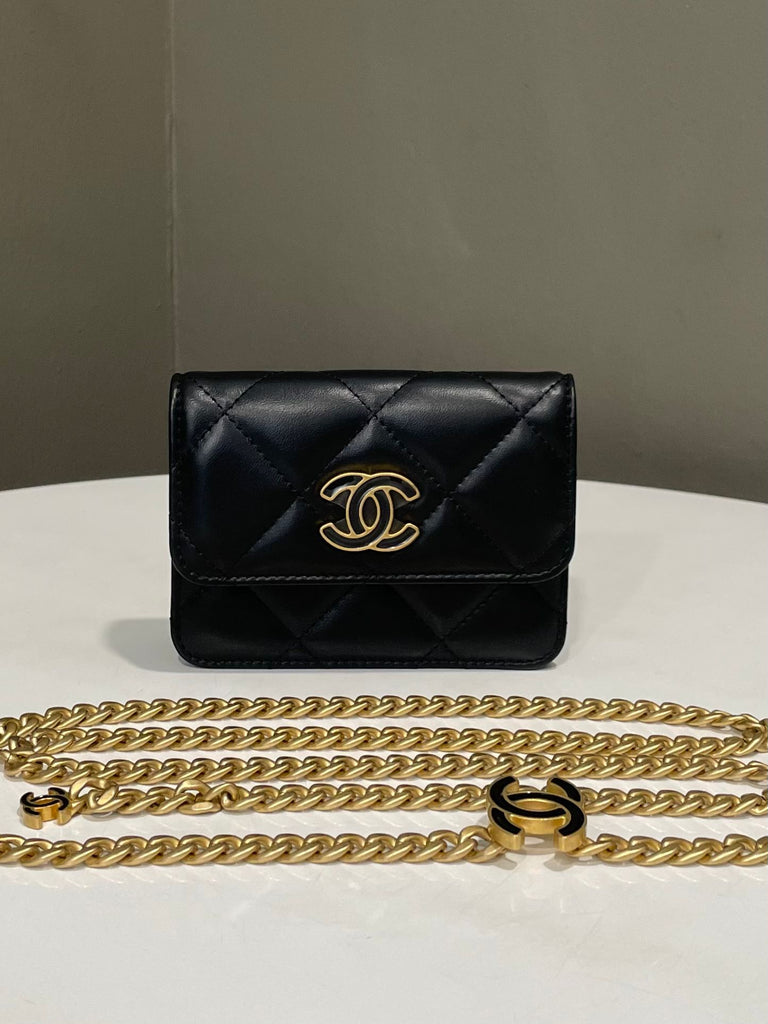 Chanel CC Pending Chain Belt Card Case Black Lambskin