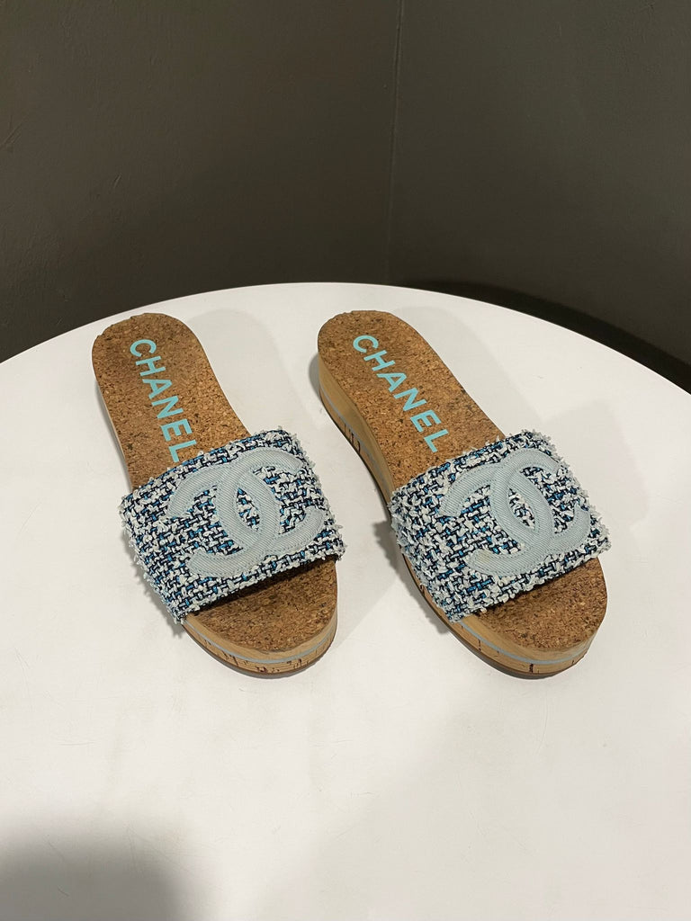 Chanel CC Platform Slide Sandal Blue Tweed / Cork Size 39 C
