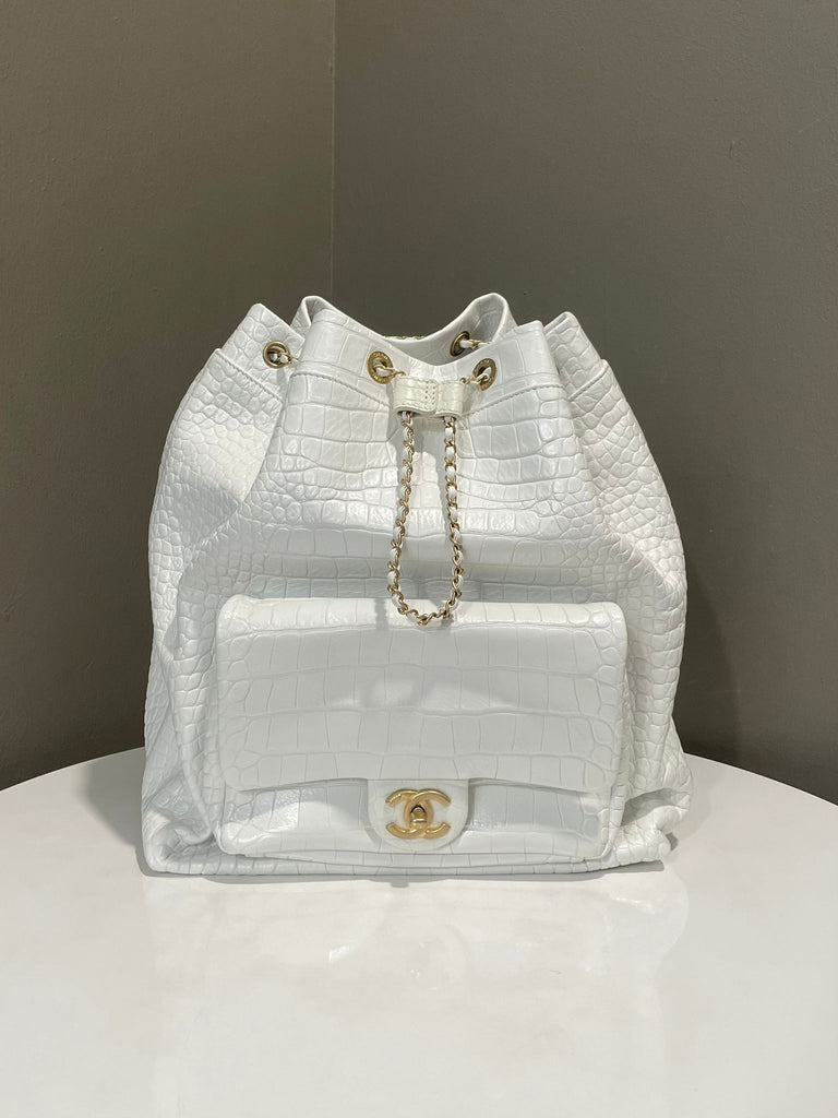 Chanel Cc Pocket Drawstring Backpack White Embossed