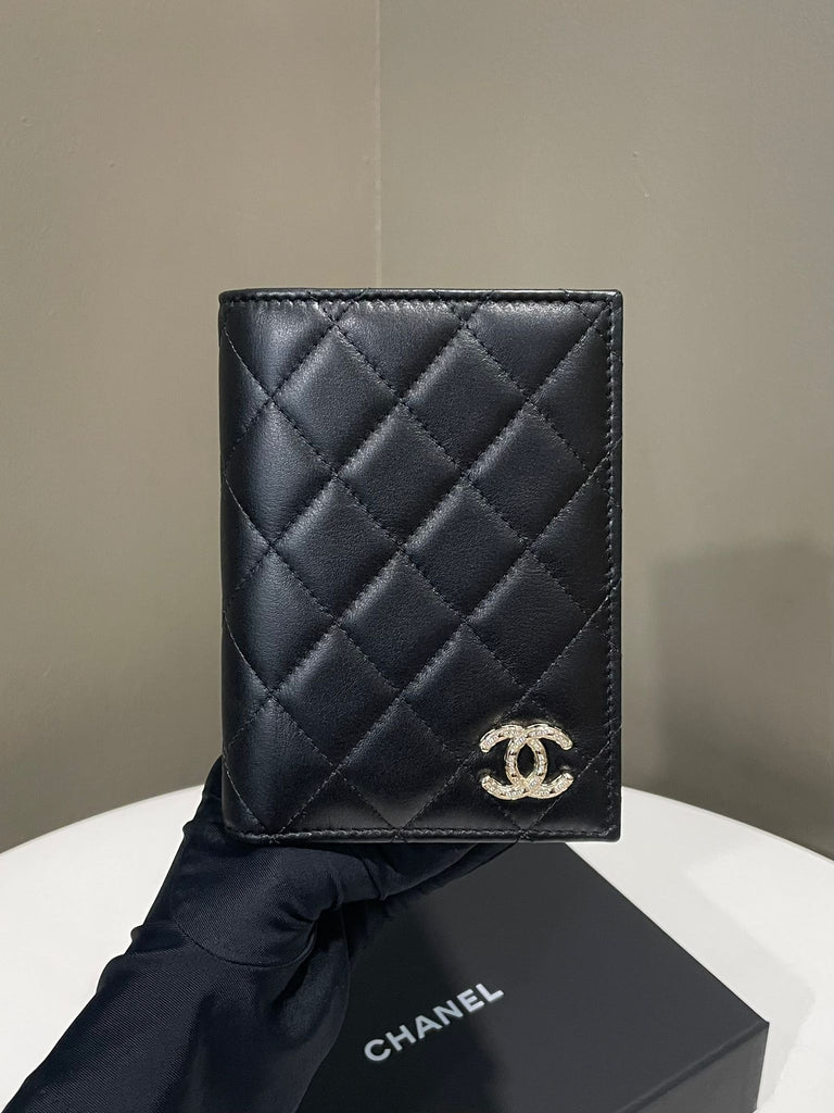 Chanel CC Quilted Passport Card Holder Black Lambskin