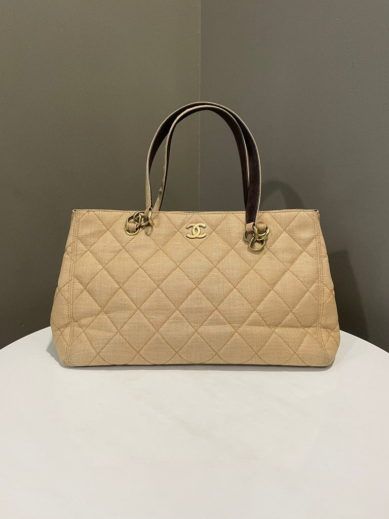 Chanel CC Quilted Shoulder Tote Beige Raffia