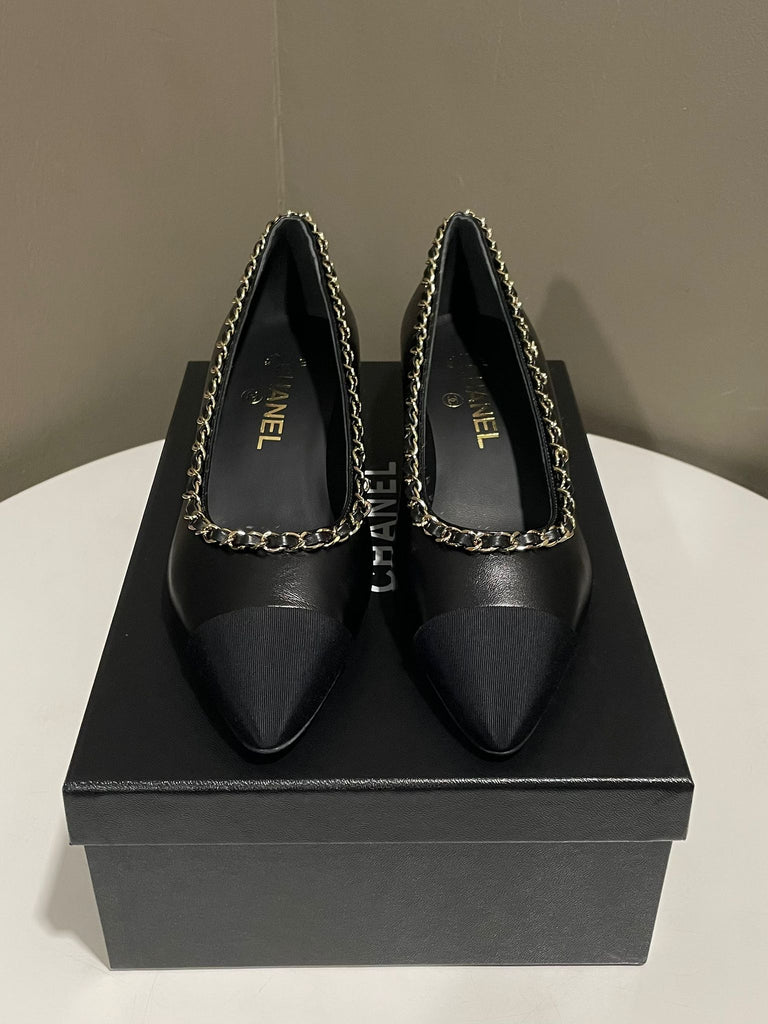 Chanel Cambon Grosgrain Chain Pumps 
Black LGHW Size 37 C