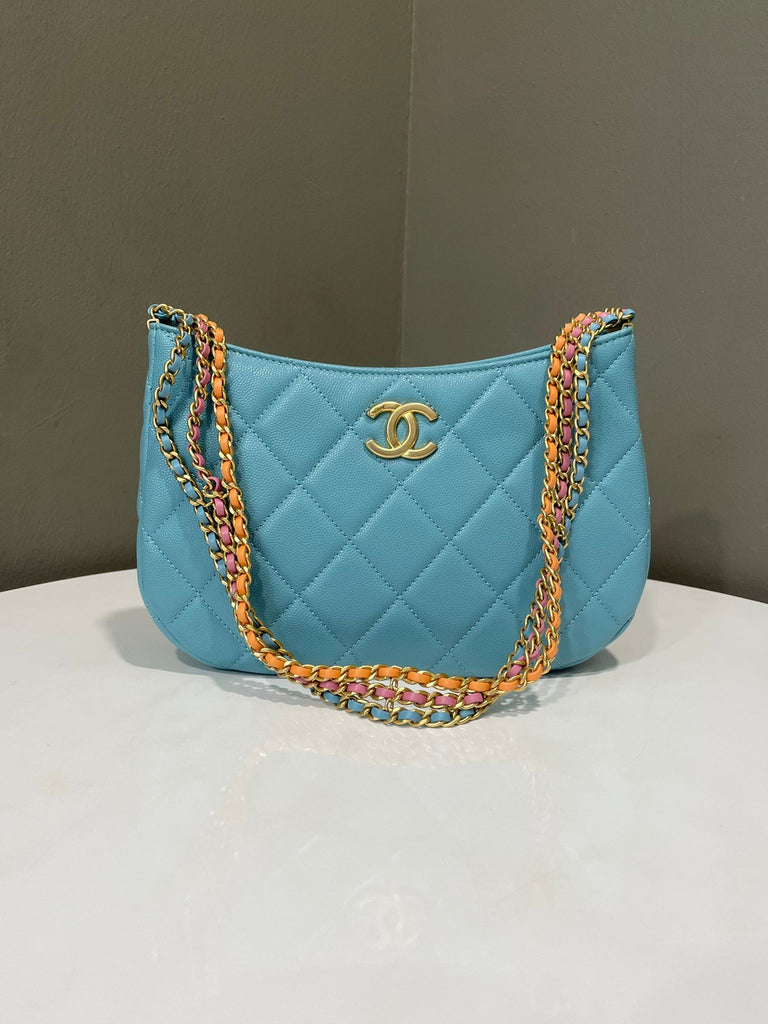 Chanel Cc Quilted Chain Hobo Tiffany Blue Caviar