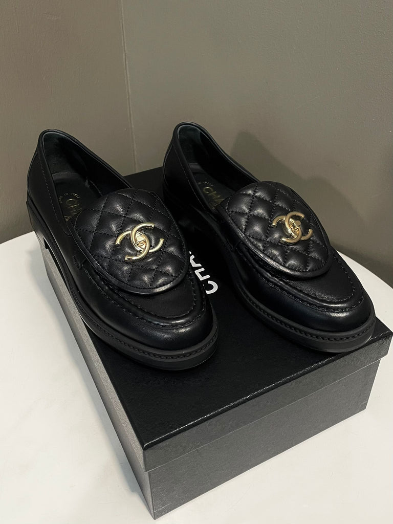 Chanel Cc Quilted Loafers Black Lambskin GHW Size 37 C
