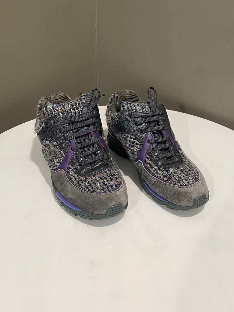 Chanel Cc Sneaker Grey Purple Tweed Size 38