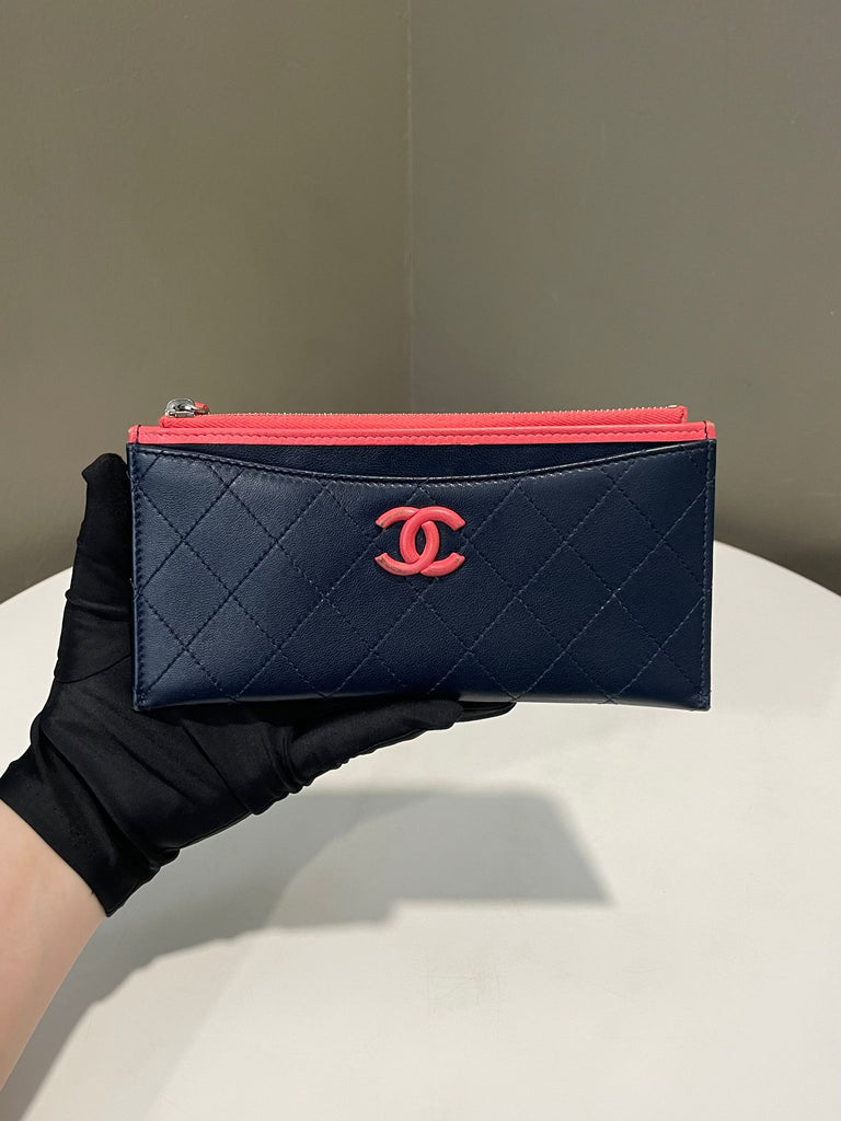 Chanel Cc Zip Long Pouch Navy Pink Lambskin