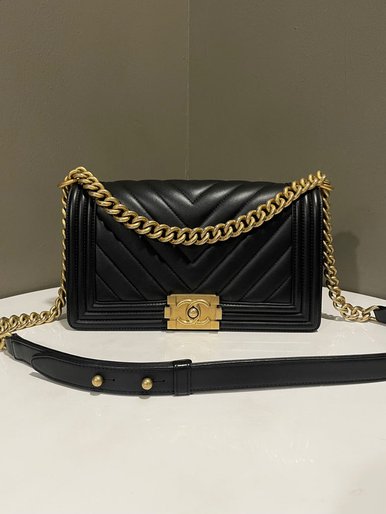 Chanel Chevron Boy Old Medium Black Calfskin
