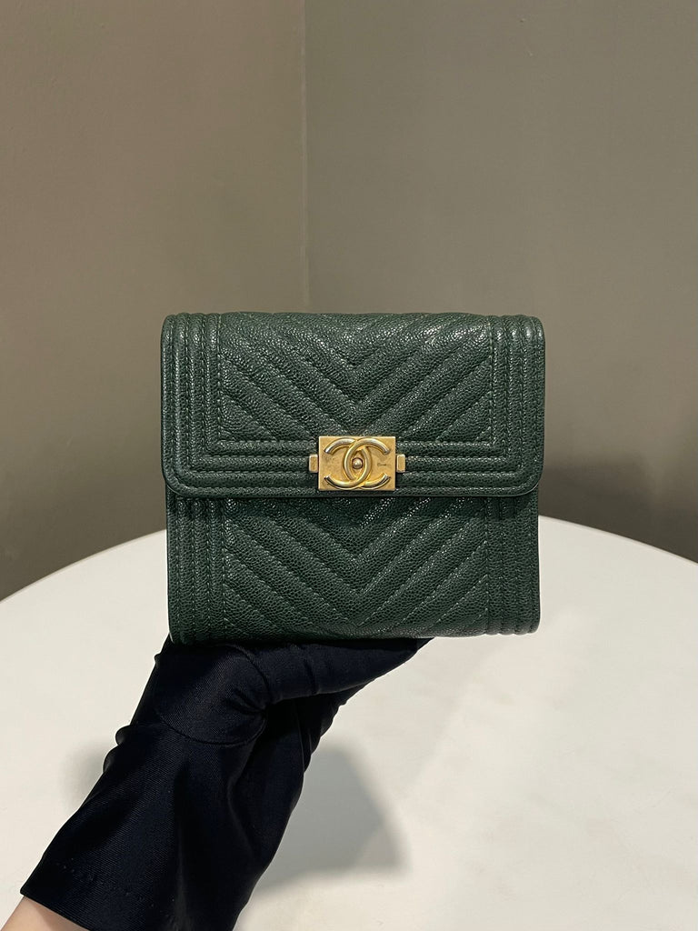 Chanel Chevron Boy Trifold Flap Wallet Green Caviar