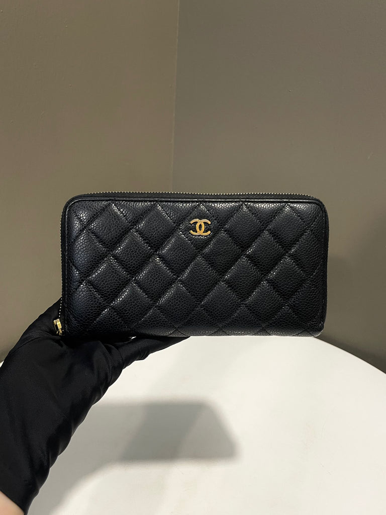 Chanel Classic CC Quilted Long Zip Wallet Black Caviar 