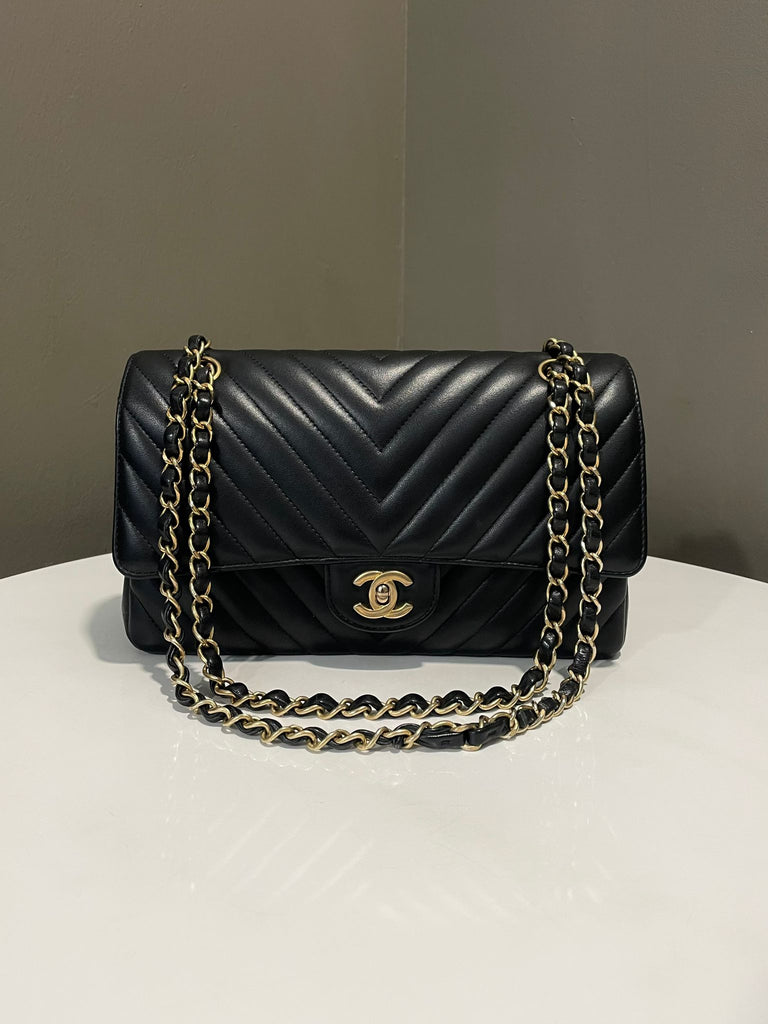 Chanel Classic Chevron Medium Double Flap Black Lambskin