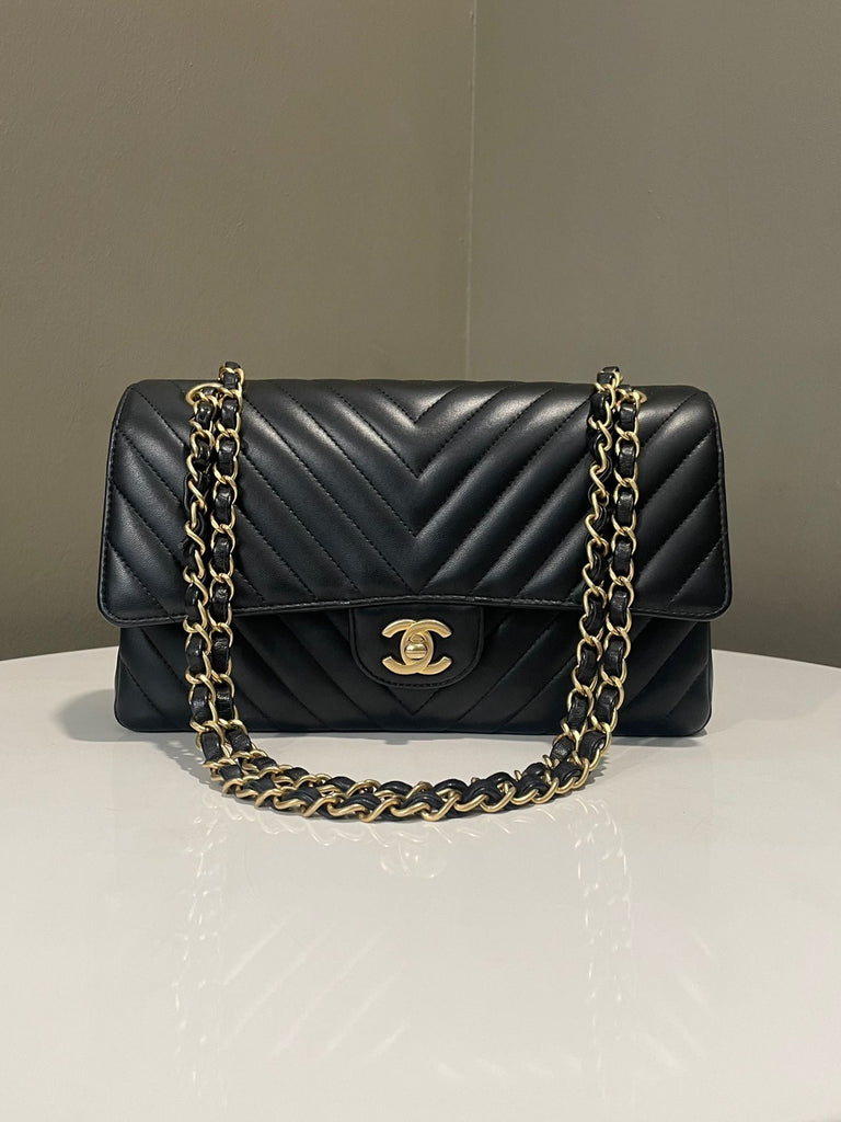 Chanel Classic Chevron Medium Double Flap Black Lambskin