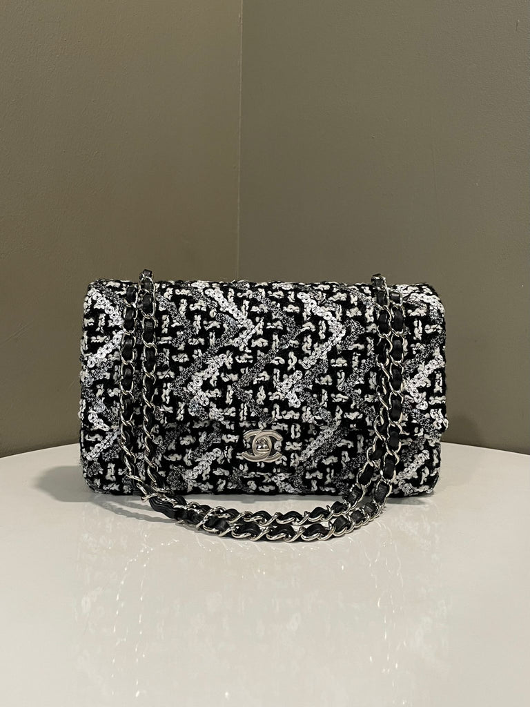 Chanel Classic Medium Double Flap Bag Tweed Black / White Sequins 