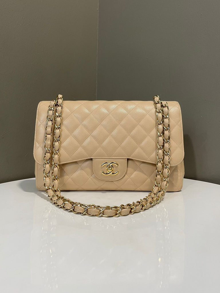 Chanel Classic Quilted Jumbo Double Flap  Beige Caviar