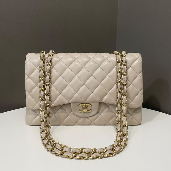 Chanel Classic Quilted Jumbo Single Flap Light Beige Lambskin 