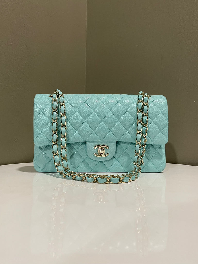Chanel Classic Quilted Medium Double Flap Tiffany Blue Caviar