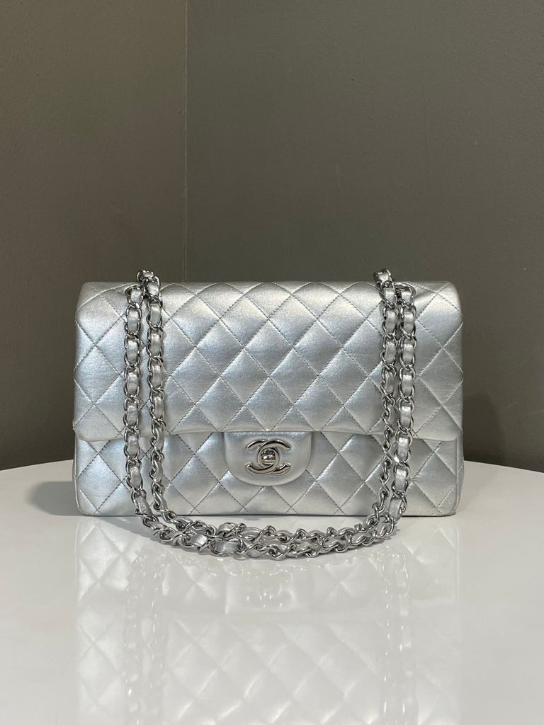 Chanel Classic Quilted Medium Double Flap Silver Lambskin 