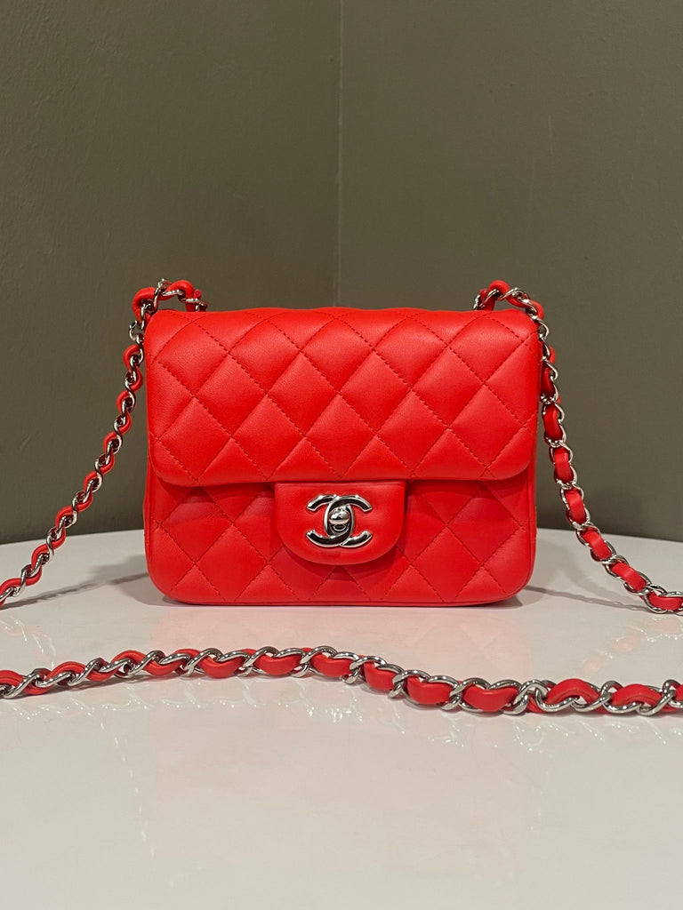 Chanel Classic Quilted Mini Square Coral Red Lambskin