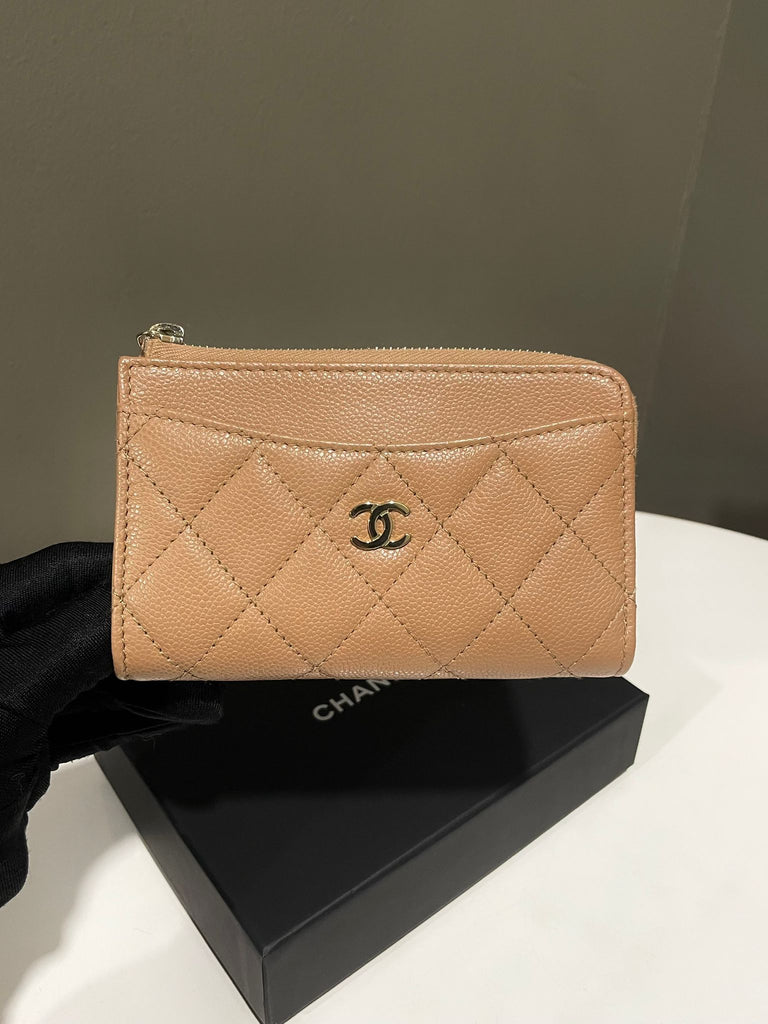 Chanel Classic Quilted Pocket Zipped Card Holder Dark Beige Caviar
