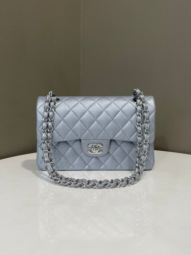 Chanel Classic Quilted Small Double Flap Silver Grey Caviar