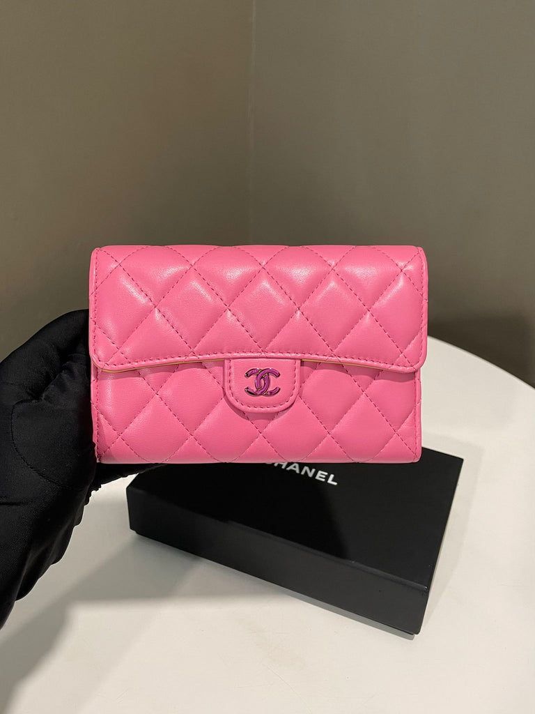 Chanel Classic Quilted Tri Fold Compact Wallet Pink / Yellow Lambskin