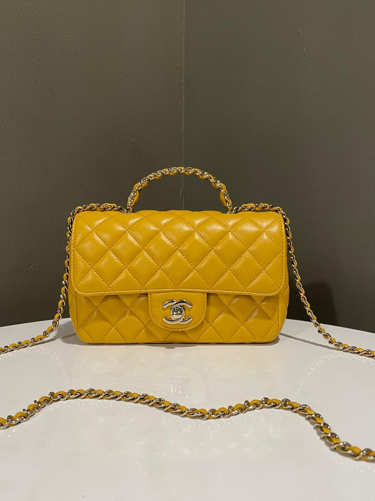 Chanel Crystal Top Handle Chain Flap Bag Jaune Ambre Lambskin