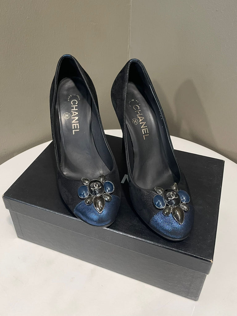 Chanel Embellished CC Cap Toe Pumps Midnight Blue 