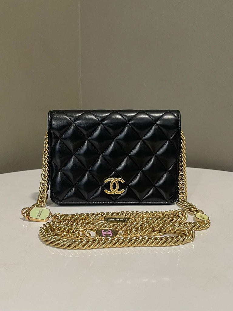 Chanel Enamel Logo Wallet on Chain 
Black Lambskin